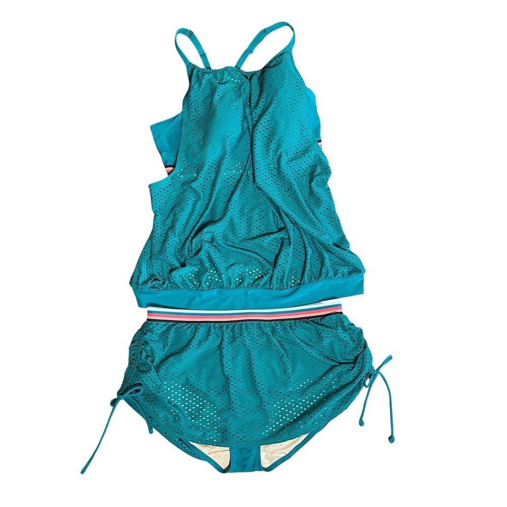 Cacique GREEN Mesh Ruched Bottom Blousy Top Built in Bra Tankini Sporty 40DDD 14